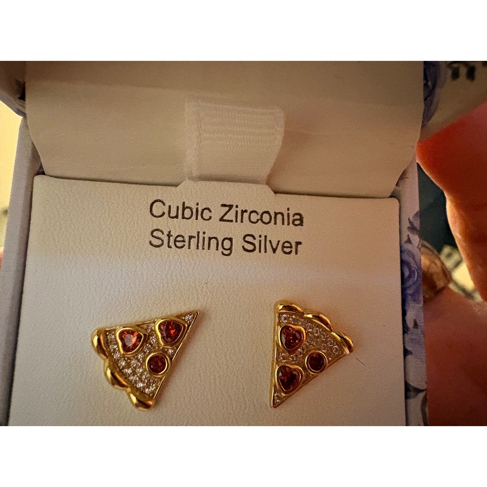 Rachel Zoe Pizza Stud Earrings Gold Sterling Silver Cubic Zirconia Red - Picture 4 of 8